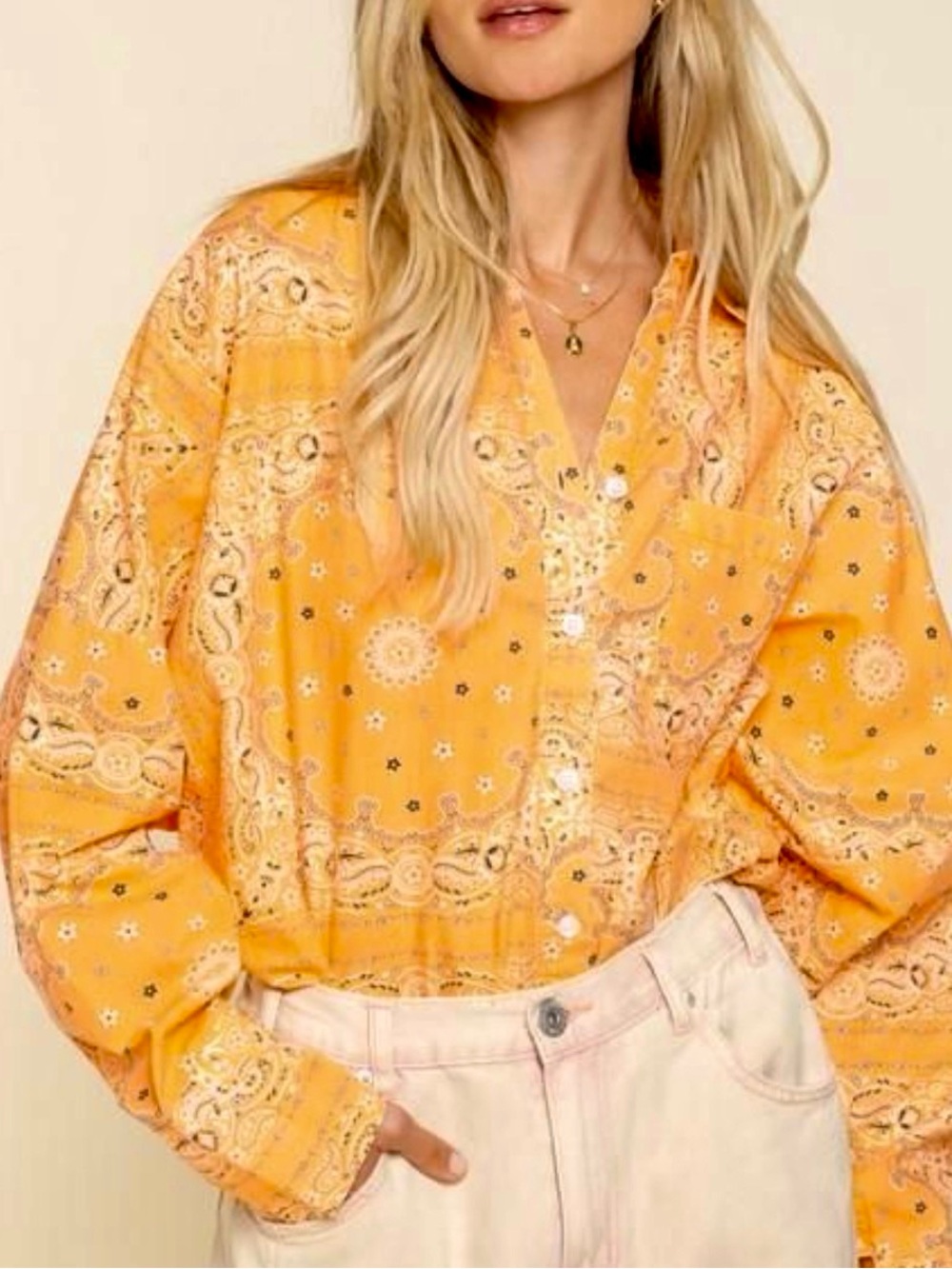 POL Small Mustard Bandana Print Cotton Button Front Shirt Boho Oversized